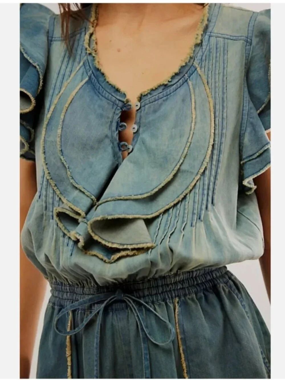 Free People Light Blue Washed Denim Ruffle Romper - Picture 3 of 16